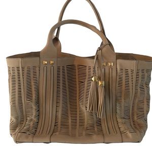 B Brian Atwood Purse Beige Suede Gold Accent Shoulder Bag Tote Never Used